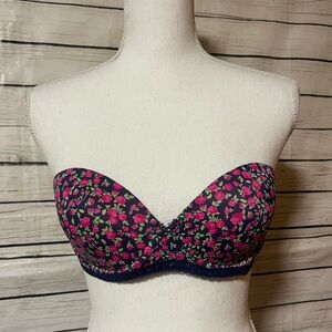 Pink Victoria's Secret Bra 34 C Multi Way Plunge Navy Blue Pink Green Roses